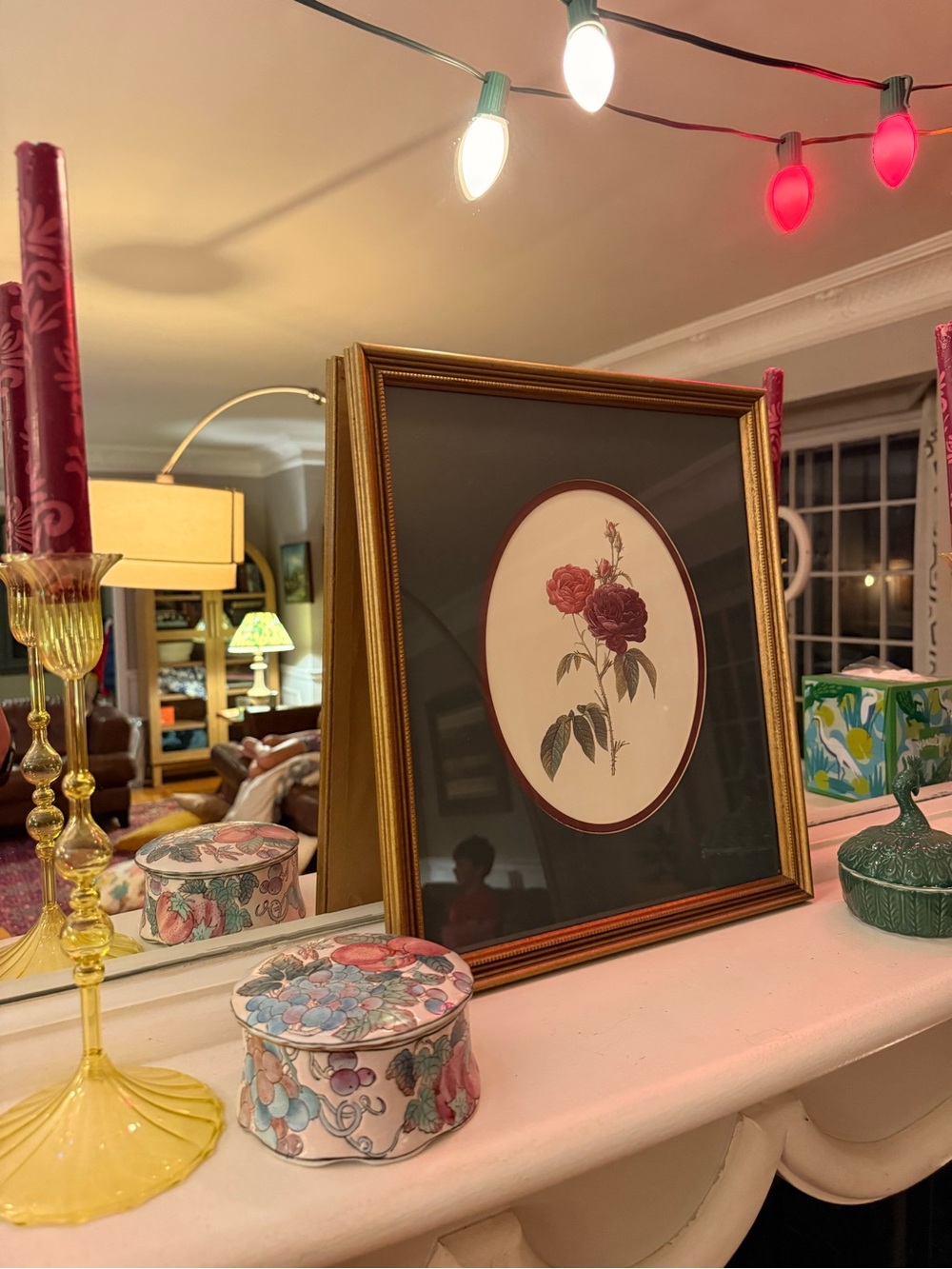 Framed Floral Print Wall Art in Hunter Green and Gold